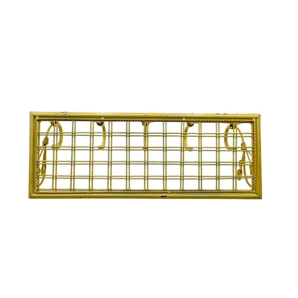 VTG Yellow Metal Leaf Scroll Wire Mesh Wall Shelf 5 Hooks Entryway Towel Rackl